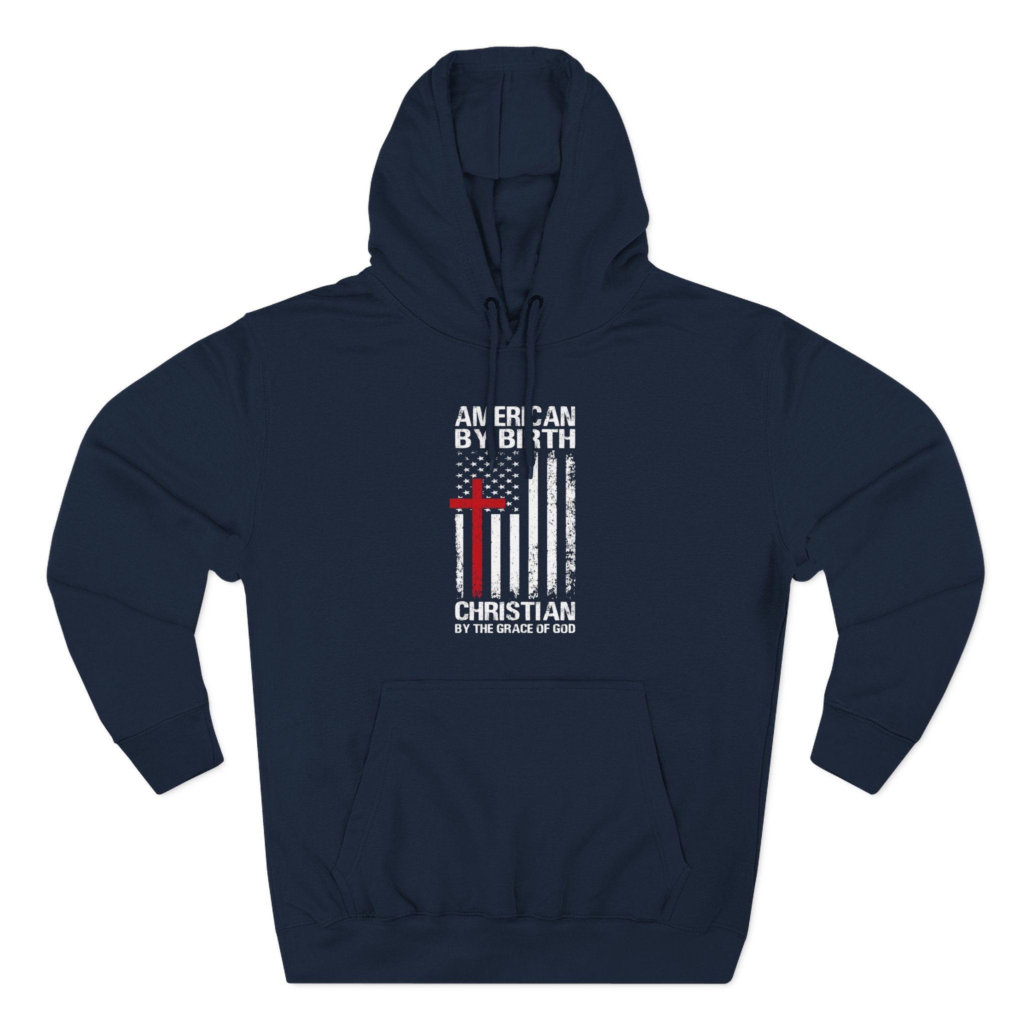 American by birth Christian hoodie folded neatly for product display