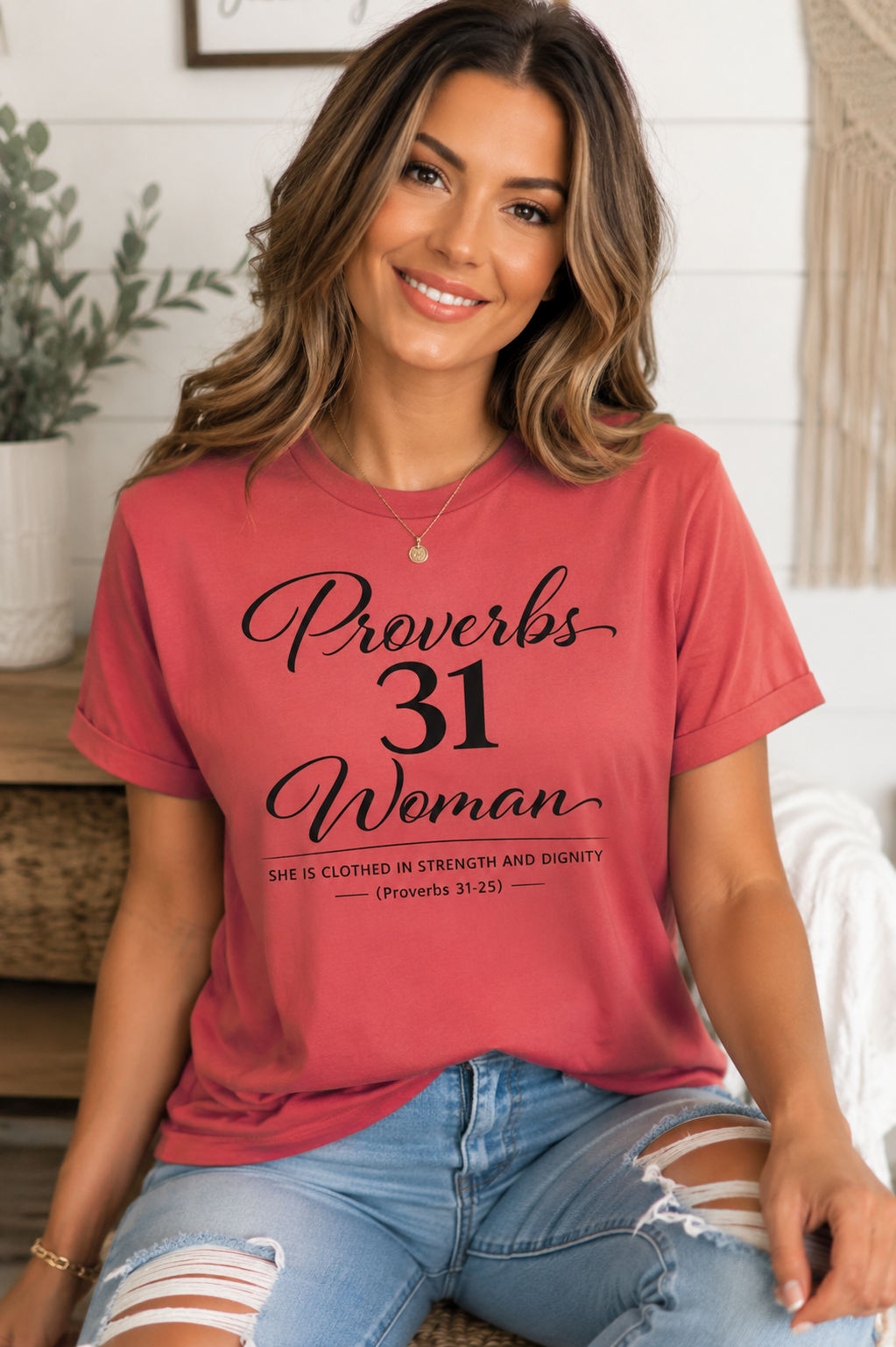 Woman wearing a red t-shirt with 'Proverbs 31 Woman' text in a home setting.