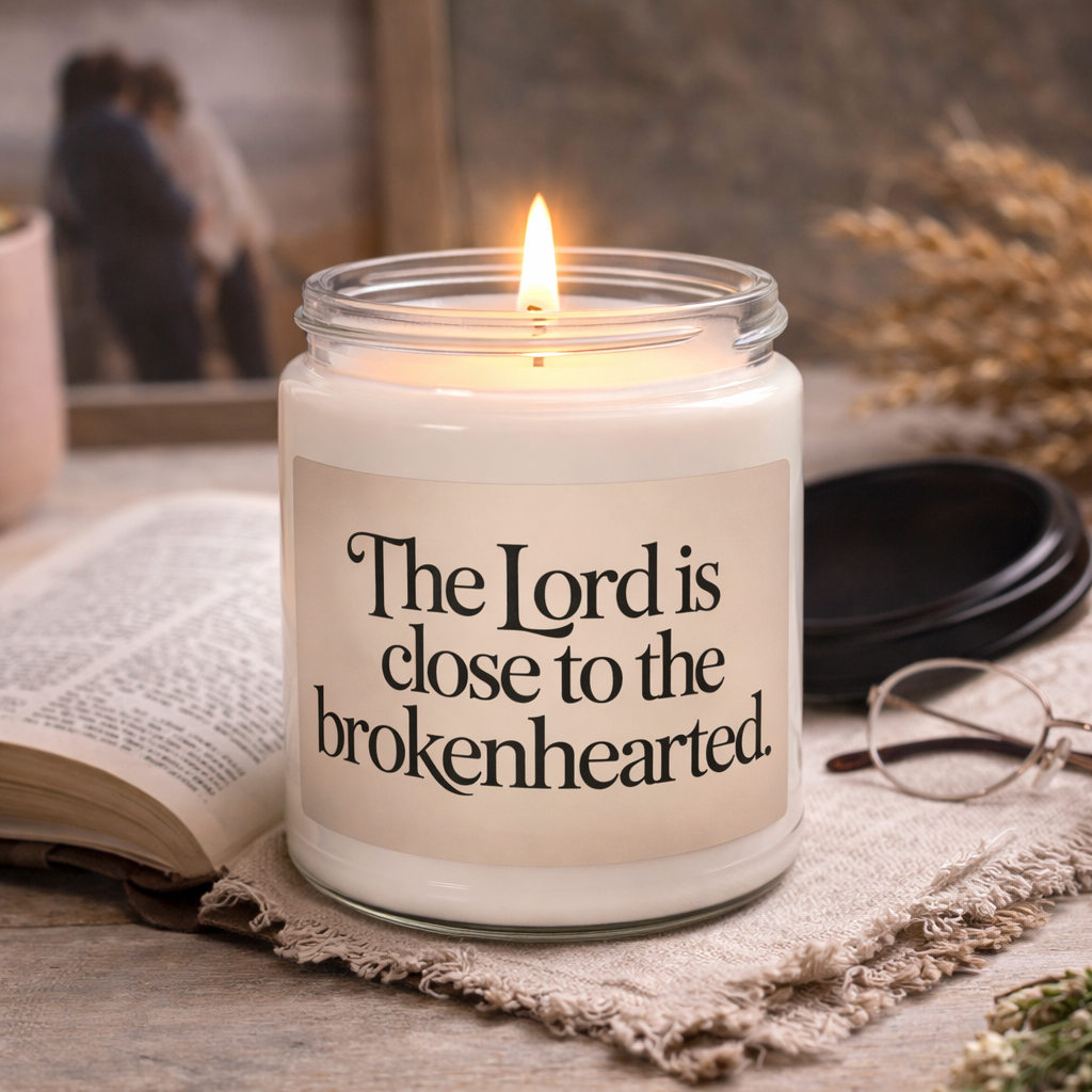Christian candle with Psalm 34:18 Bible verse