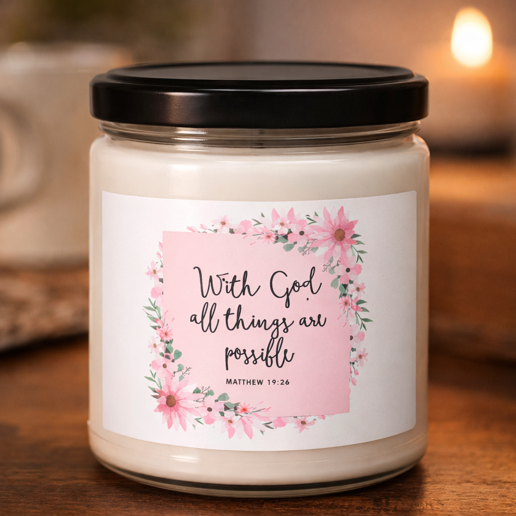 Christian soy candle with Bible verse Matthew 19:26
