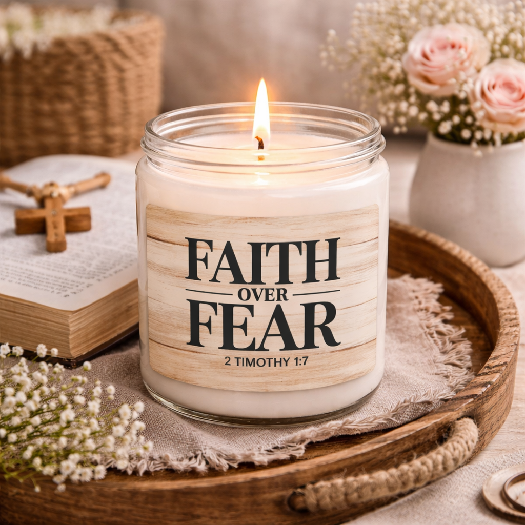Faith Over Fear Candle – 2 Timothy 1:7 Christian Candle