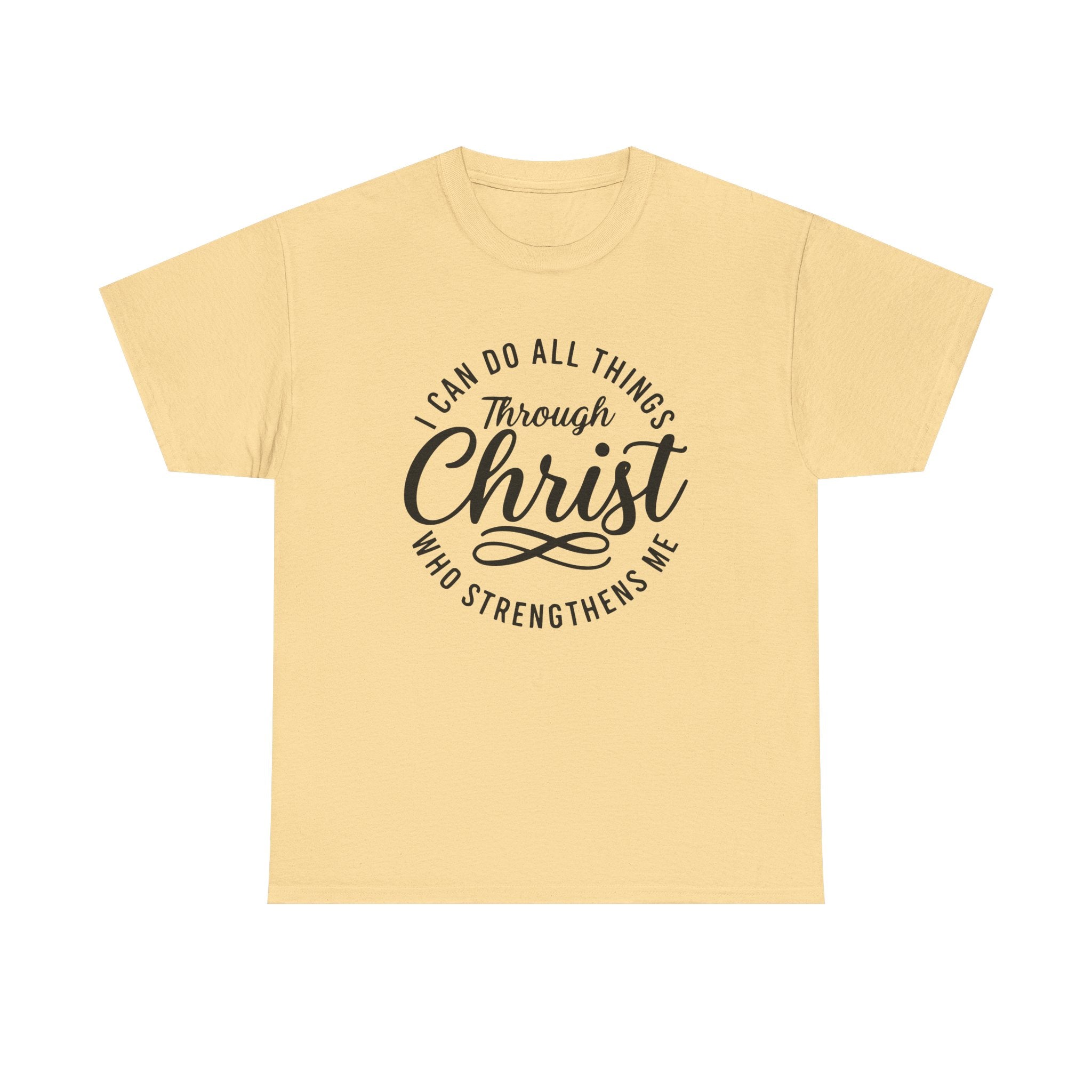 I Can Do All Things Through Christ shirt with circular Bible verse design