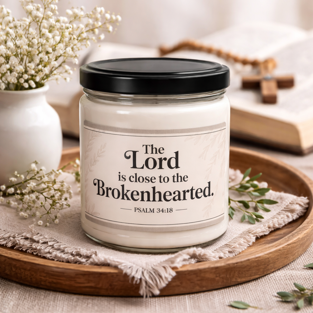 White candle in glass jar with Psalm 34:18 Bible verse label reading “The Lord is close to the brokenhearted” in black text