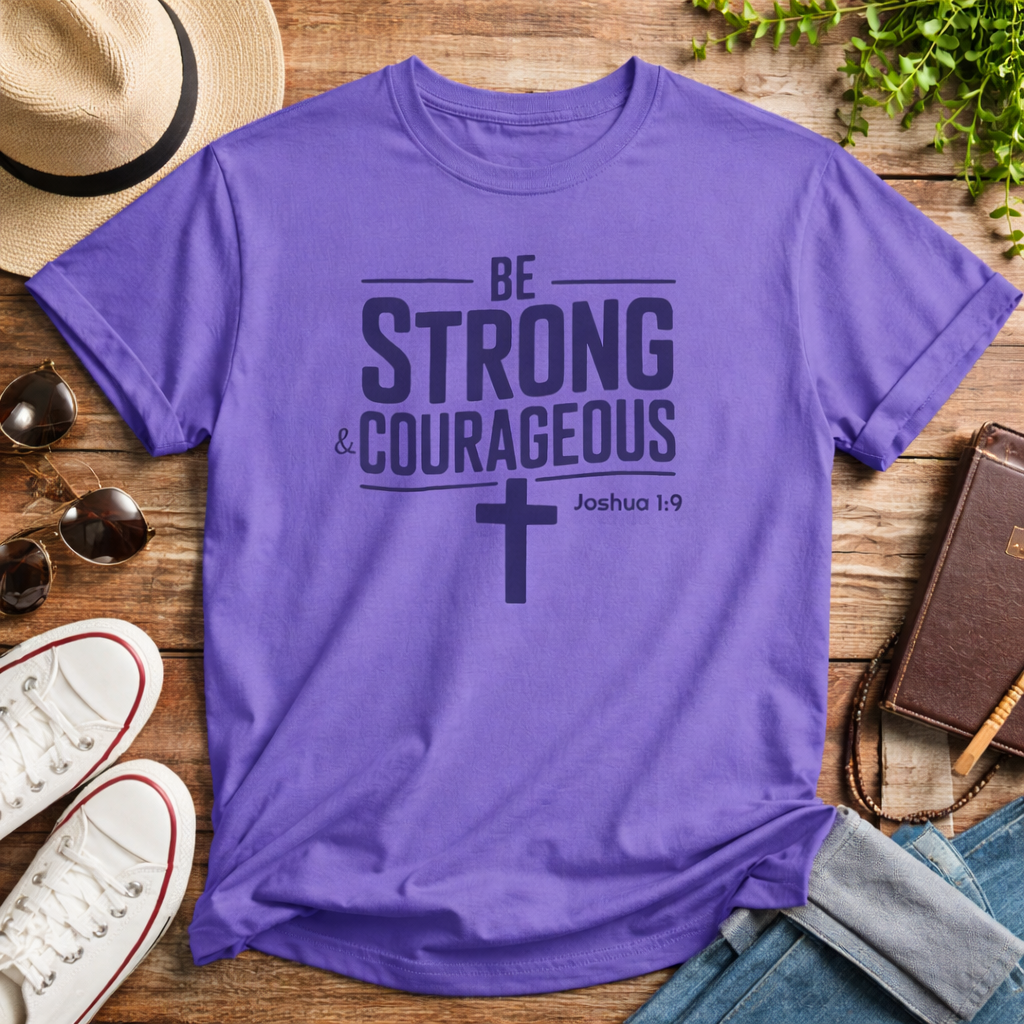 Purple t-shirt with 'Be Strong & Courageous' text and cross, placed on a wooden surface with accessories.