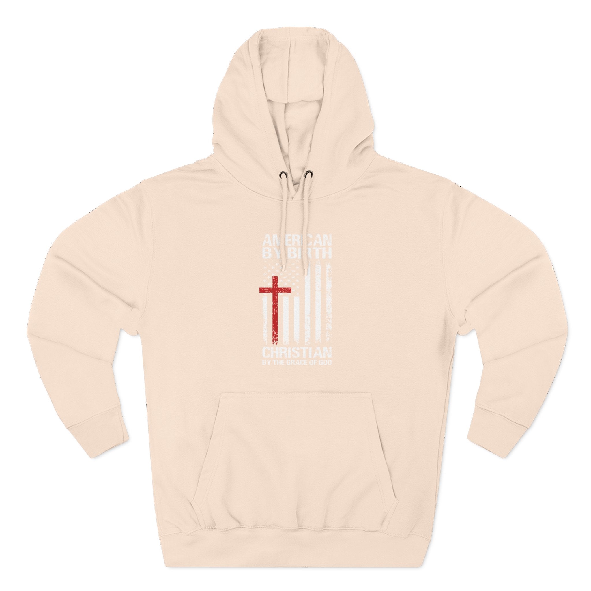close up of distressed American flag and red cross on Christian hoodie