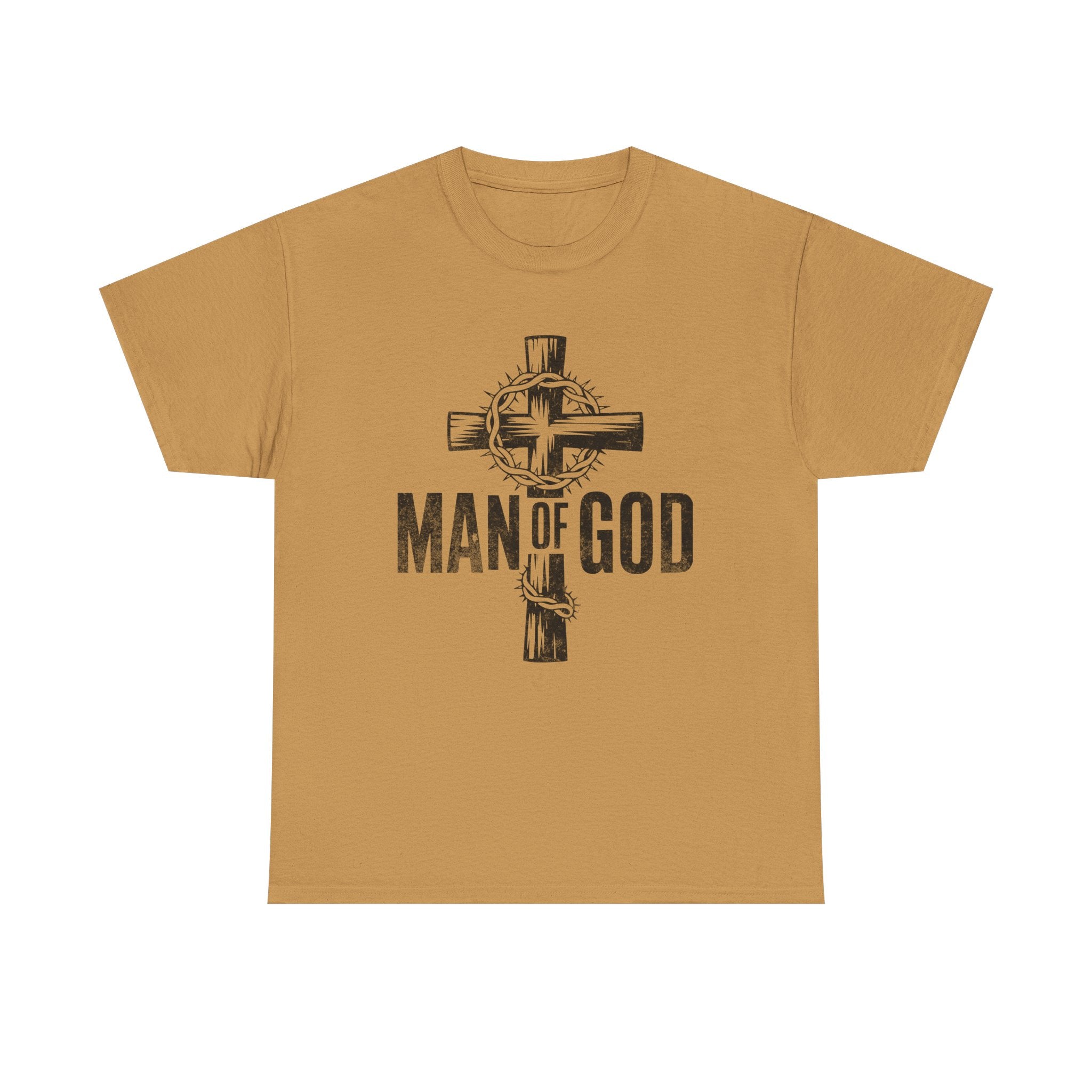 close up of rugged cross and Man of God lettering on Christian shirt