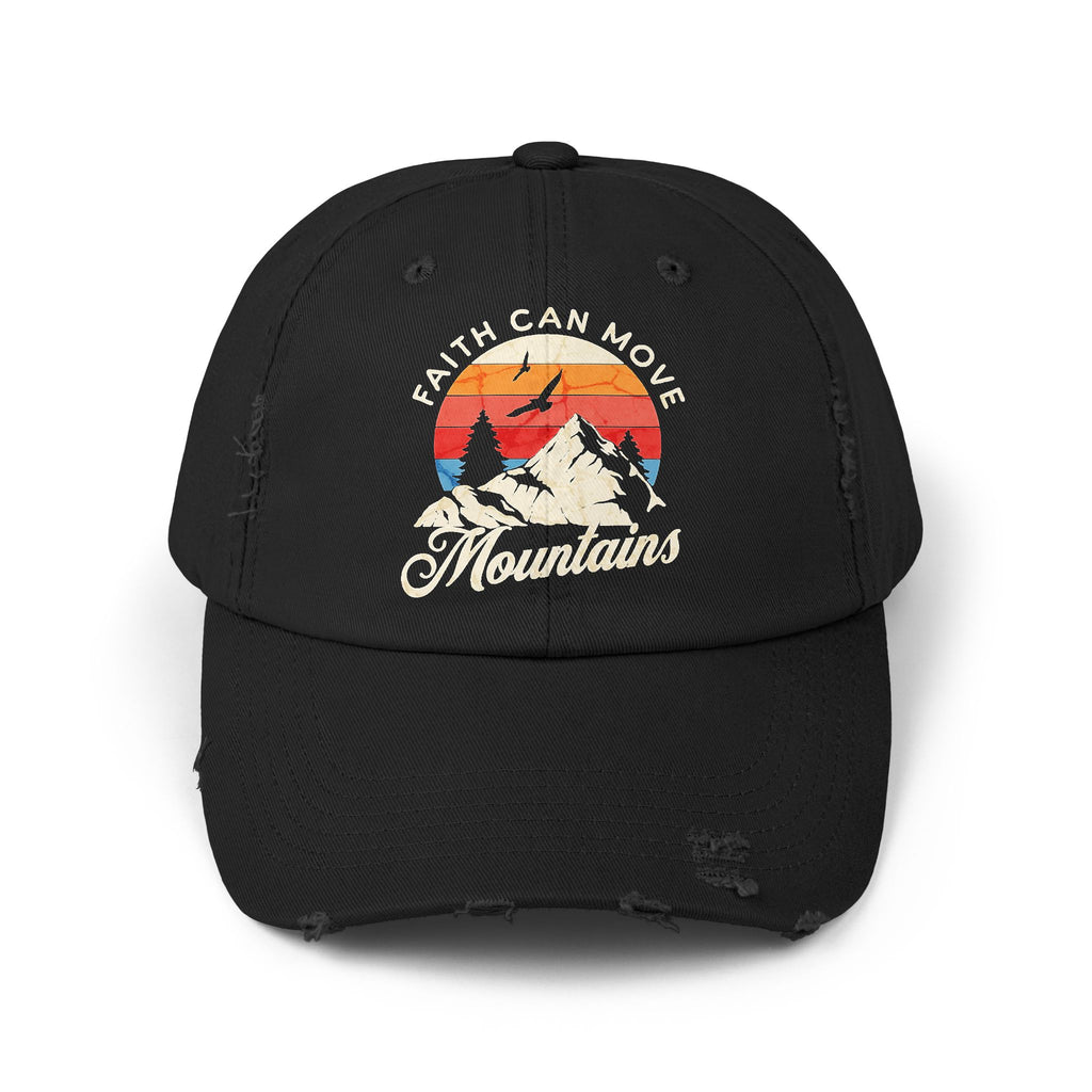faith can move mountains hat in distressed cotton twill
