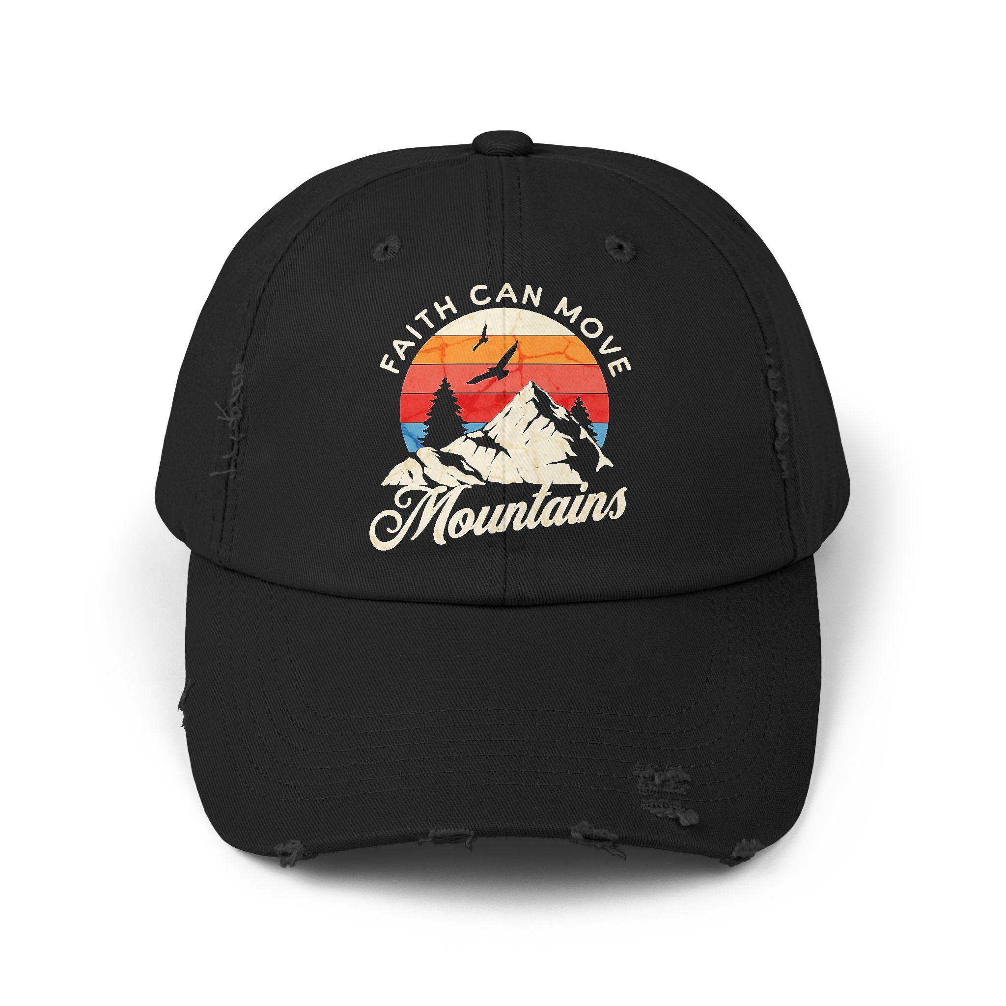 faith can move mountains hat in distressed cotton twill