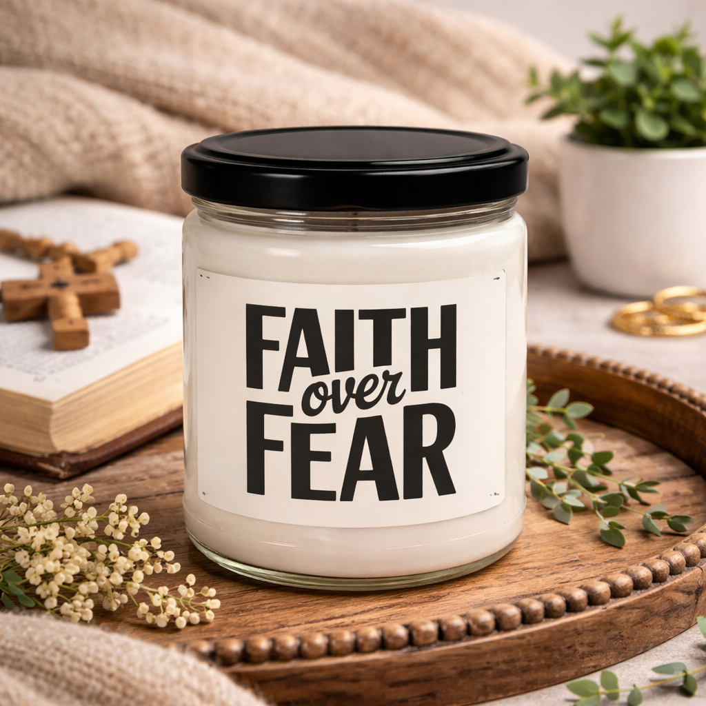 candle that says Faith Over Fear for sale