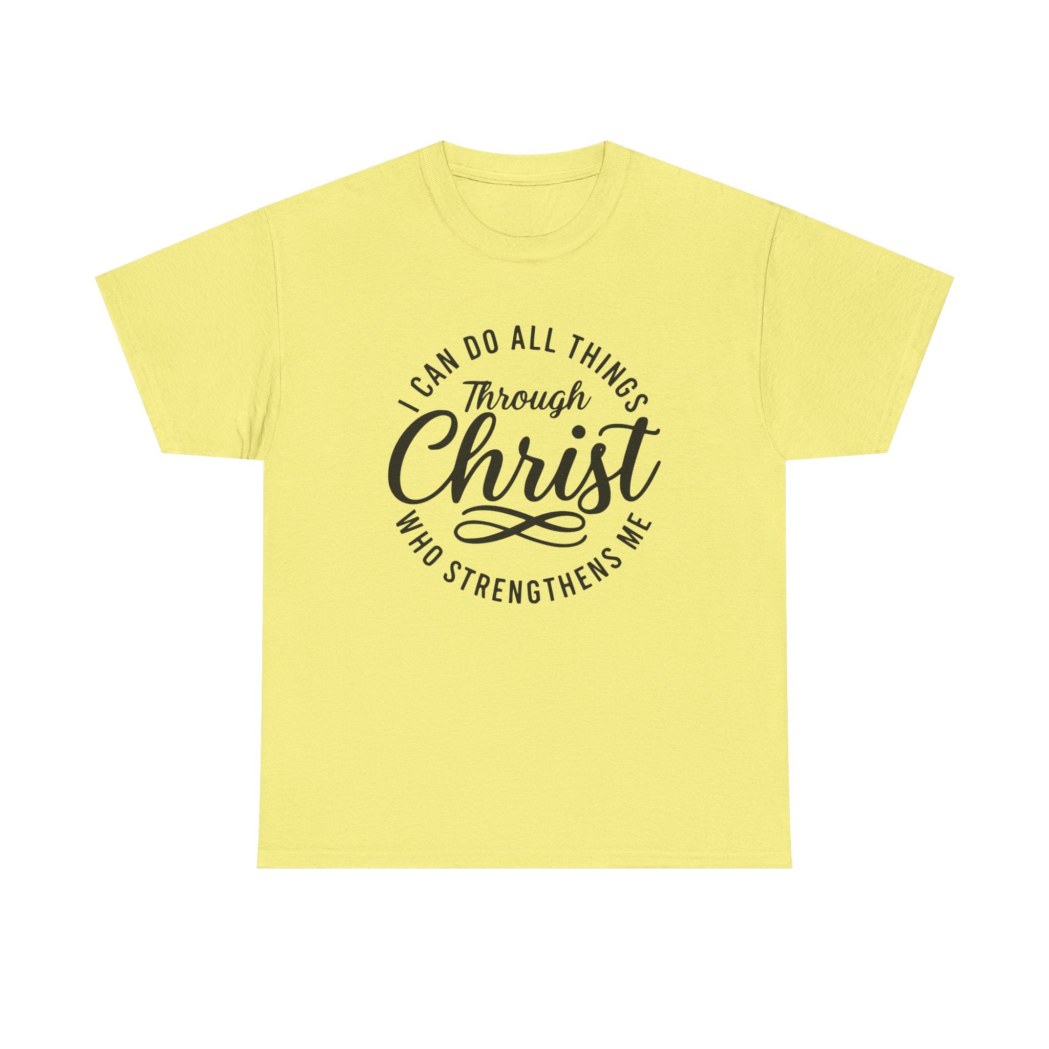flat lay of I Can Do All Things Through Christ tee for product display