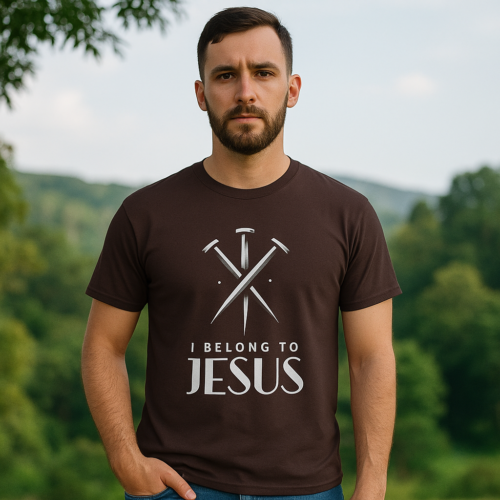 lifestyle photo wearing bold I Belong to Jesus Christian shirt